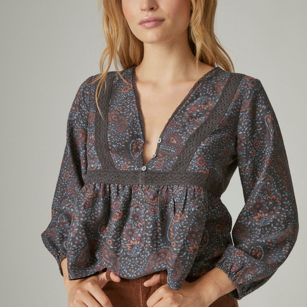 Lucky Brand Printed Lace Inset Babydoll Top Size Medium
